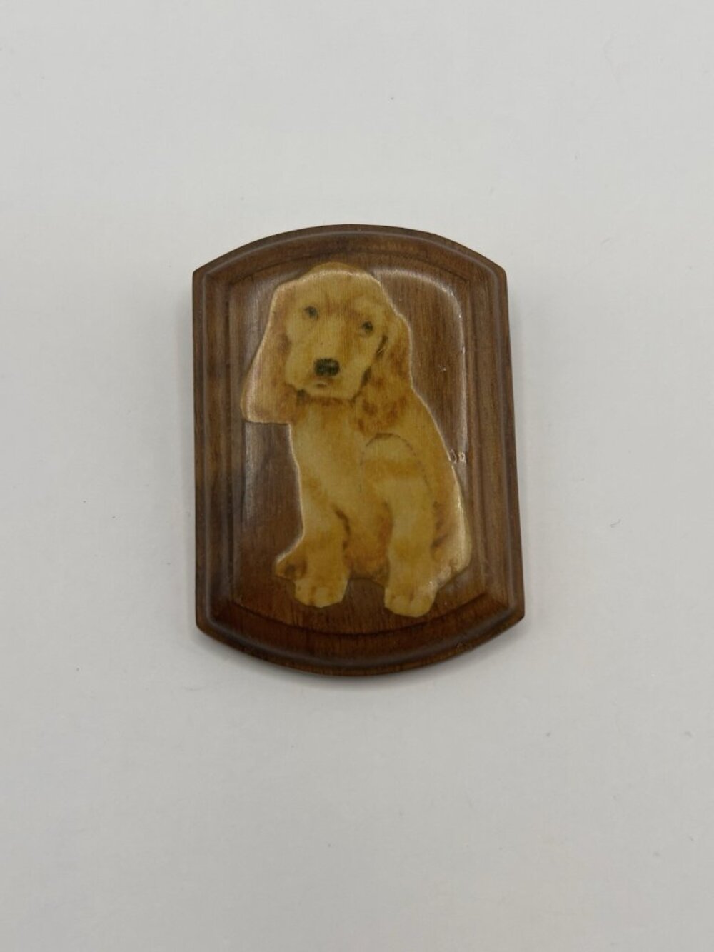 Dog Brooch Wooden Cocker Spaniel Nancy Moyer 1973 Handcrafted Puppy Pin Vintage